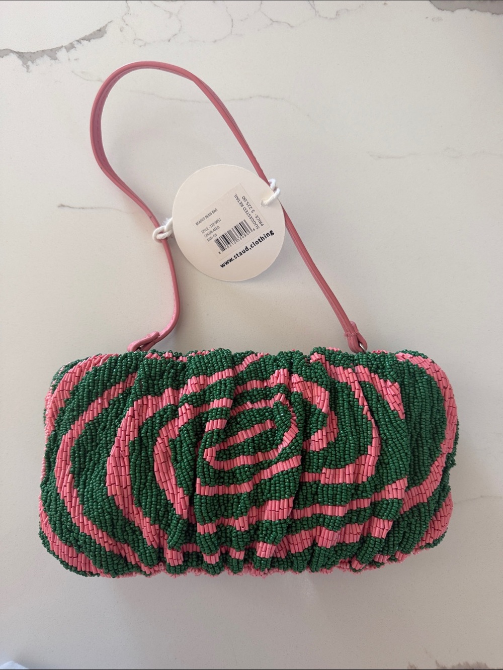 STAUD Pink & Green Beaded Swirl Clutch